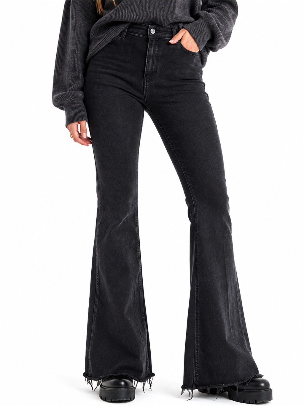 Paige Claudine Black Raw Hem Flare Jeans Women’s Size 32 Stretch Denim